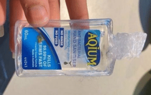 Chewed hand sanitiser bottle