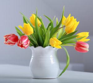 White vase of pink and yellow tulips